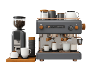 Professional barista coffee station with a matte gray espresso machine grinder and ceramic accessories featuring copper and wood details.