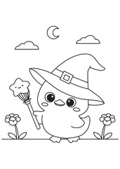 Coloring book page of cute duck witch holding wand.