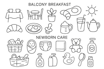 Balcony breakfast and newborn care line art illustrations
