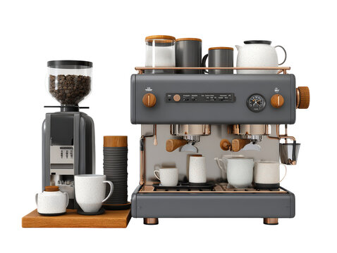 Professional barista coffee station with a matte gray espresso machine grinder and ceramic accessories featuring copper and wood details.