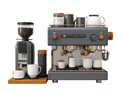 Professional barista coffee station with a matte gray espresso machine grinder and ceramic accessories featuring copper and wood details.