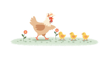 Fototapeta premium Cute illustration of a mother hen wearing a hat and her three little chicks following her in a meadow full of flowers