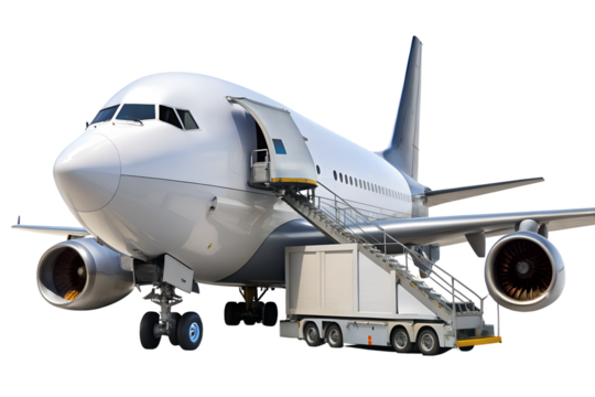 Wide body airplane with open door and stairs isolated on transparent background for passenger boarding and luggage loading