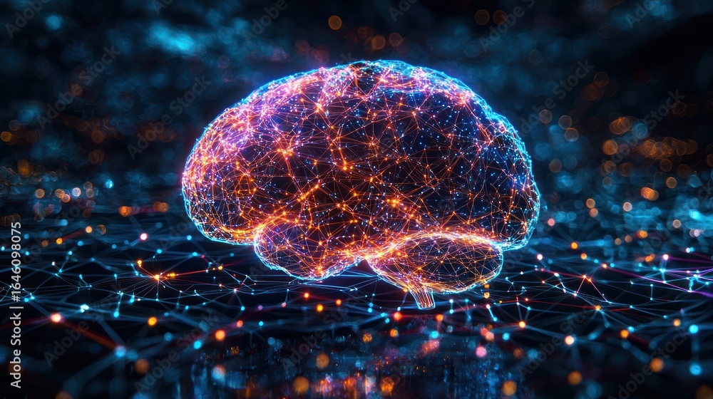Poster glowing brain neural network; digital data, technology concept; abstract background; ai, science