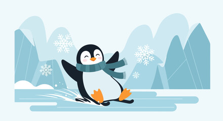 Naklejka premium Cute penguin sliding on ice in a winter landscape vector illustration