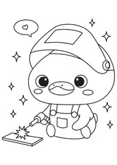 Coloring book duck welder with sparks.