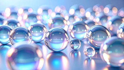 Abstract Composition of Chrome Gel Spheres with Soft Iridescent Lighting and Reflections on Blue Surface