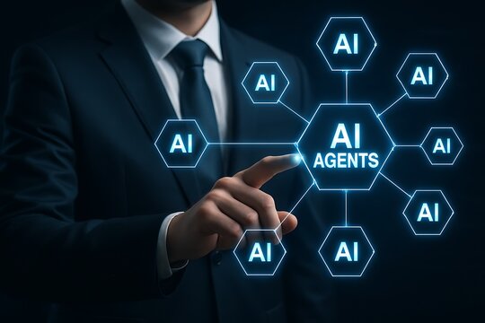 Business professional interacting with AI agents network interface for intelligent automation, data processing, decision-making assistance, and advanced digital transformation in corporate technology 