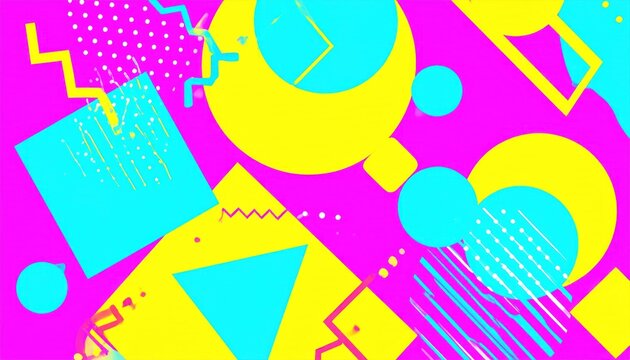Abstract Memphis Design with Neon Pink Yellow and Blue Shapes Forming Geometric Patterns