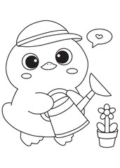 Coloring book duck gardener watering plant.