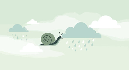Fototapeta premium Cute vector illustration of a snail crawling through a rainy sky cartoon concept art