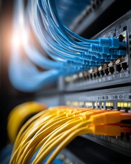 Servers with numerous connected cables, showcasing a high-tech network setup with blue and yellow cables. The background is dark, emphasizing the illuminated cables and server ports.