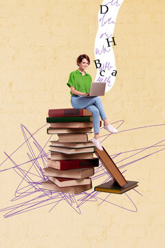 Poster trend sketch template 3D collage of young woman sit pile book library type laptop imagination interview report correspondent author