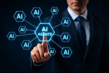 Business professional interacting with virtual AI agents network for automation, machine learning integration, intelligent decision-making, and advanced data-driven corporate technology transformation