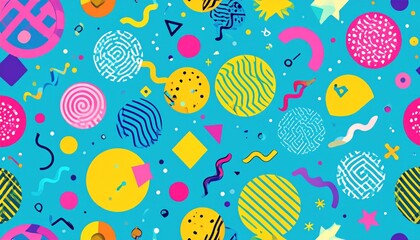 Abstract Memphis Style Design With Colorful Retro Shapes and Lines Scattered on Blue Background