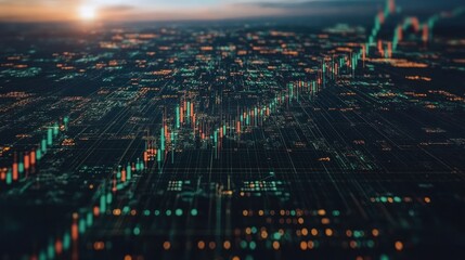 Cityscape sunset, stock market graph, financial data, growth, investment