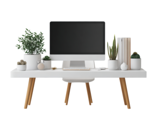 Modern Scandinavian style desk with a computer potted plants and accessories.