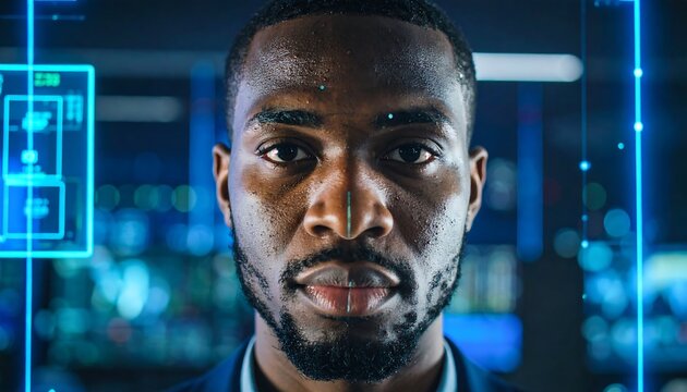 Intense gaze of African American man with digital interface overlay, futuristic technology concept