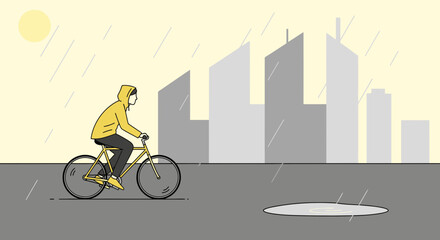 Fototapeta premium Cyclist riding in the rain against a backdrop of city buildings illustration