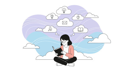 Obraz premium Dreamy Reader Exploring New Worlds And Ideas Through Books In The Clouds
