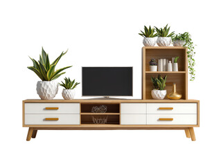 Modern wooden TV stand with white drawers shelving television and decorative houseplants.