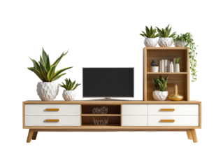 Modern wooden TV stand with white drawers shelving television and decorative houseplants.