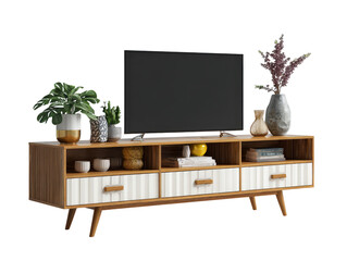 Mid-century modern TV stand with ribbed white drawers wooden frame and decor.