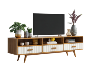 Mid-century modern TV stand with ribbed white drawers wooden frame and decor.