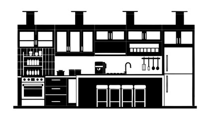 Illustration of a modern kitchen with cabinets, appliances, island, and stools in a minimalist black and white style silhouette