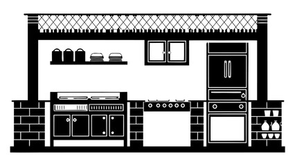 Illustration of a kitchen interior with cabinets, stove, refrigerator, shelving and decorative railing silhouette