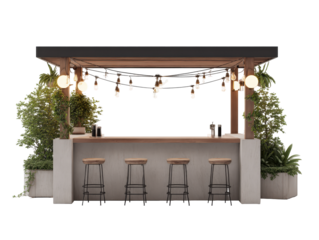 Modern outdoor bar with a wooden pergola concrete base and string lights.