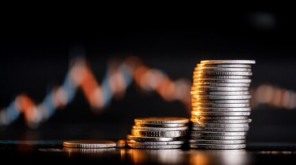 Stacked coins increasing in size showing growth, with stock market chart blurred in background, financial analysis use