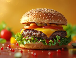 Juicy gourmet burger with melted cheese and fresh toppings, perfect for menus