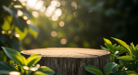 Wooden stump surrounded by green leaves in a forest, ideal for displaying natural products or creating a nature theme