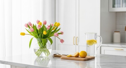 Pink and yellow tulips in glass vase with lemon water pitcher on marble countertop pink tulips flowers