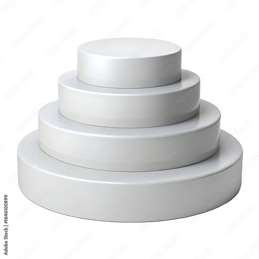 Poster Four stacked white cylinders of decreasing size creating a tiered or stepped pyramid shape on a white background