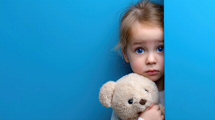 Young caucasian girl holding teddy bear with sad expression against blue background