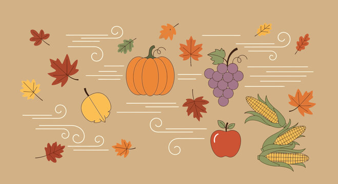 Delicate Autumn Harvest Bounty With Fruits Pumpkin Corn Grapes And Fall Leaves