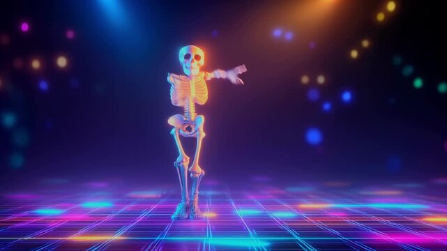 Colorful dancing skeleton performing on glowing stage with neon lights, halloween. 4K video
