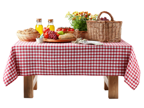Rustic wooden picnic table with a red checkered tablecloth wicker basket fresh fruit bread and flowers.