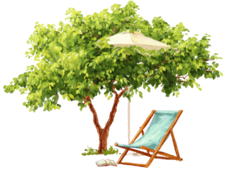 Serene outdoor reading nook illustration with a deckchair umbrella and book under a lush shady tree.