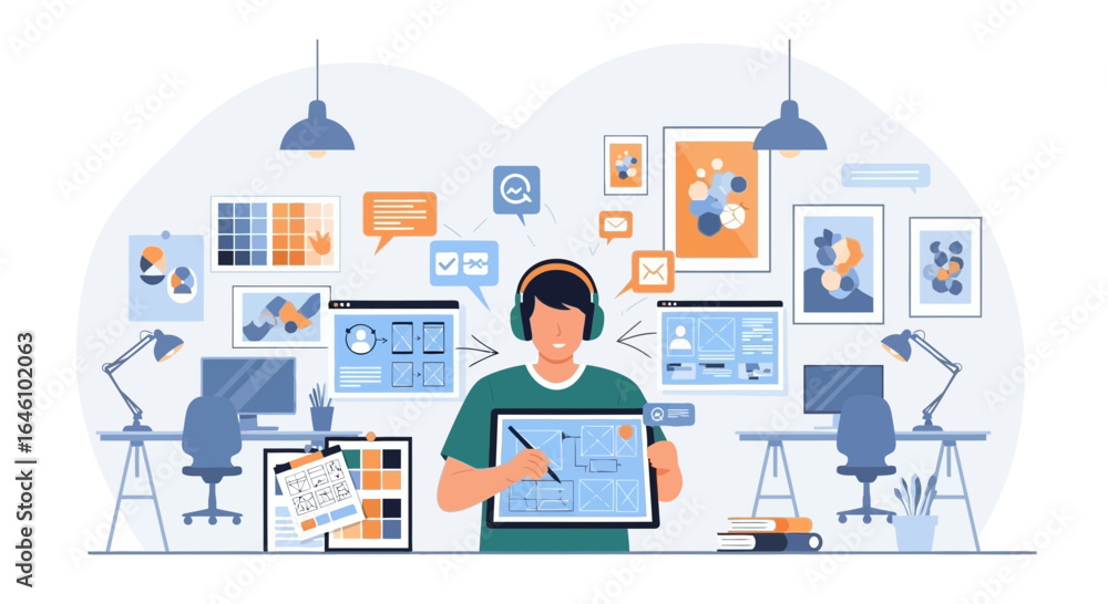 Wall mural creative workplace of designer working on web design and app development project