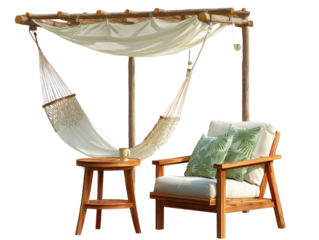 Relaxing outdoor lounge set featuring a rustic wooden pergola white hammock and armchair with tropical pillows.