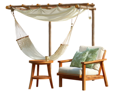 Relaxing outdoor lounge set featuring a rustic wooden pergola white hammock and armchair with tropical pillows.