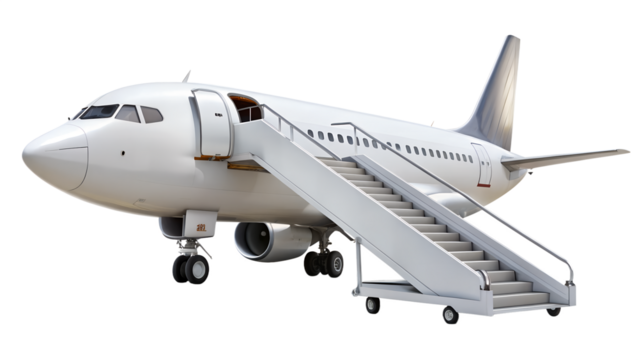 White passenger airplane with stairs isolated on transparent background, ready for boarding and takeoff, a symbol of travel