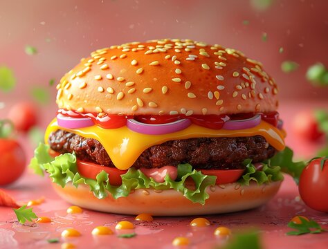 Juicy gourmet burger with melting cheese, fresh lettuce, and red onions. - Powered by Adobe
