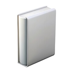 A clean modern closed blank white hardcover book standing upright on a white background