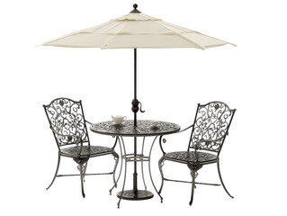 Ornate cast aluminum patio bistro set with two chairs a round table and a large cream umbrella for outdoor dining.
