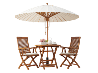 Wooden patio furniture set with two folding chairs a round table and a white parasol.