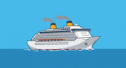 A white cruise ship sails on the blue ocean, with smoke coming from its yellow-topped smokestacks.